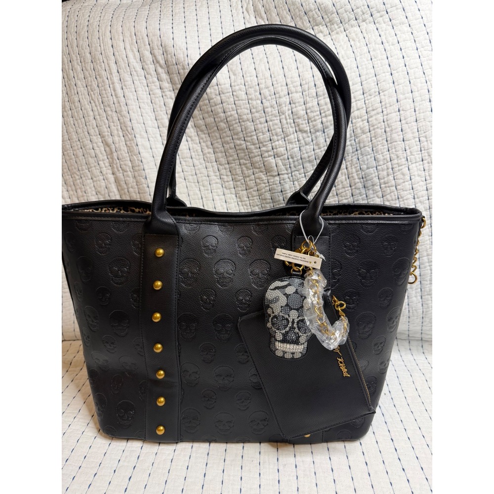 Betsey Johnson Black Embossed Skull Tote Bag with Rhinestone Charm and Pouch